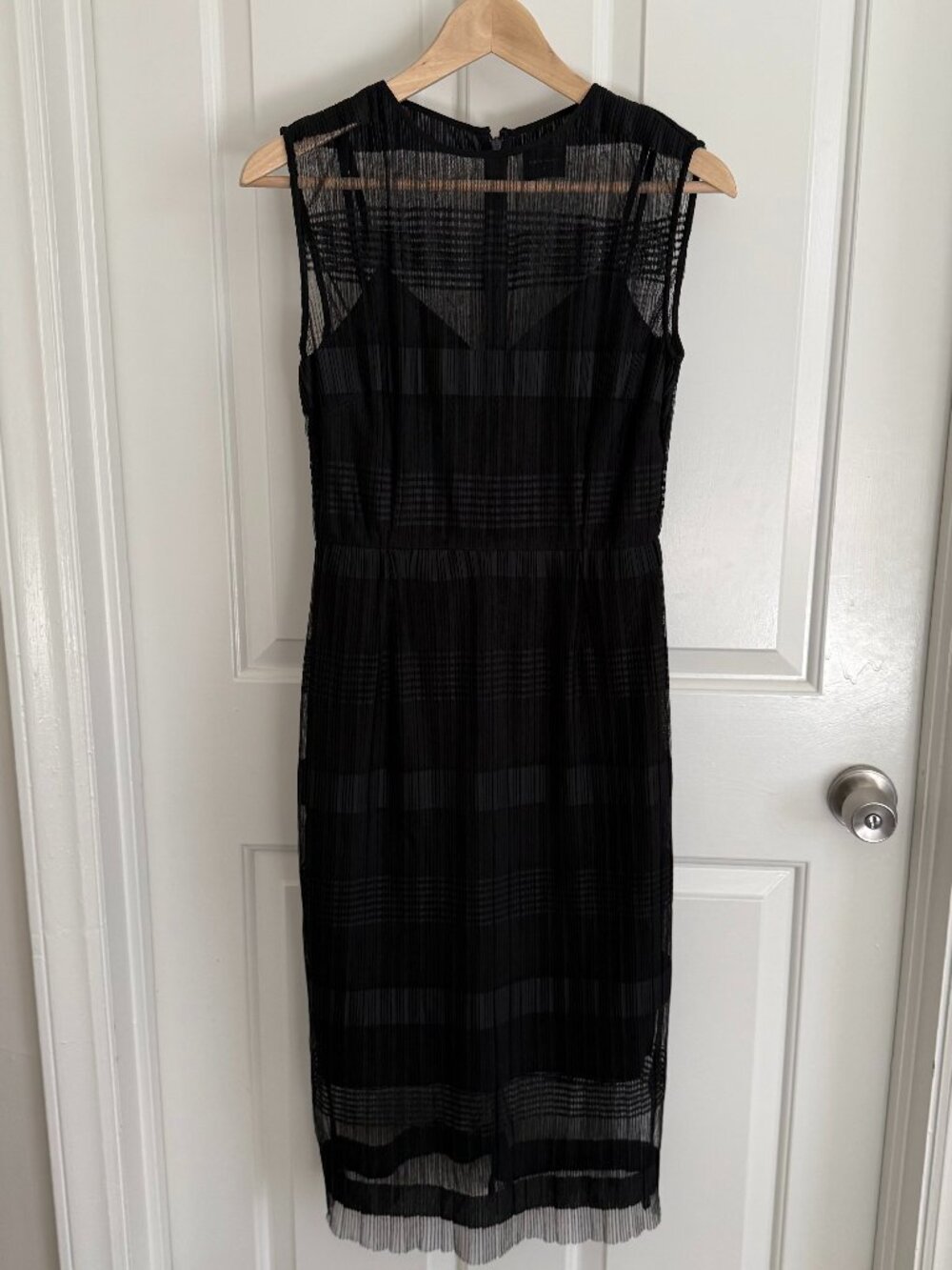 Pure Navy Black Slip Dress with Sheer Striped Overlay in Black, Size 2